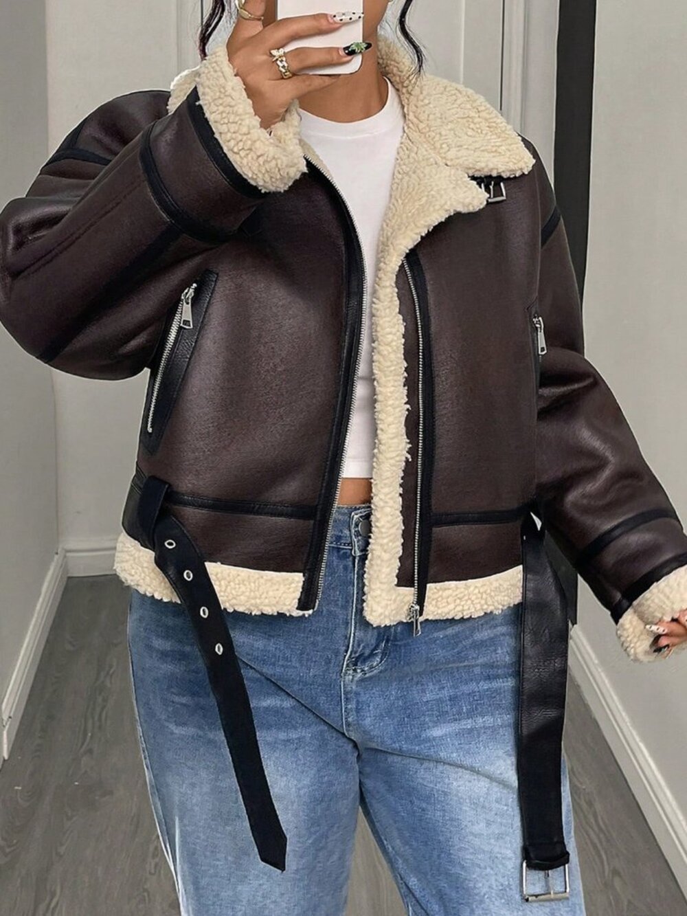 Brown Casual Women's Faux Lamb Fur Faux Leather Short Jacket